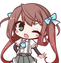 Rule 34 | 1girl, ;d, arm warmers, asagumo (kancolle), blue bow, blush stickers, bow, brown hair, chibi, collared shirt, commentary request, dress shirt, green eyes, grey bow, grey skirt, hair bow, hair rings, hand on own hip, kantai collection, komakoma (magicaltale), one eye closed, open mouth, pleated skirt, shirt, short sleeves, sidelocks, simple background, skirt, smile, solo, suspender skirt, suspenders, twintails, white background, white shirt