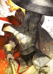 Rule 34 | 1boy, abs, armor, azusa (hws), belt, biceps, bulge, cape, cowboy shot, fate/grand order, fate (series), fire, helmet, holding, large pectorals, leonidas (fate), male focus, manly, muscular, official art, pectorals, polearm, shield, topless male, solo, spear, stone, tattoo, thighs, thong, upper body, veins, weapon