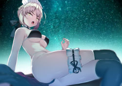 Rule 34 | 1girl, artoria pendragon (all), artoria pendragon (alter swimsuit rider) (second ascension) (fate), artoria pendragon (fate), ashino moto, bare shoulders, black thighhighs, blonde hair, breasts, choker, commentary request, crossed legs, fate/grand order, fate/stay night, fate (series), frilled choker, frills, from below, maid headdress, medium breasts, night, night sky, open mouth, saber alter, sidelocks, sitting, sky, star (sky), starry sky, swimsuit, thigh strap, thighhighs, tongue, tongue out, underboob, yellow eyes