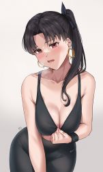 Rule 34 | 1girl, alternate costume, black hair, blush, breasts, cleavage, cowboy shot, earrings, fate/grand order, fate (series), high-waist pants, highres, hoop earrings, hug, ishtar (fate), jewelry, leaning forward, looking at viewer, medium breasts, pants, ponytail, red eyes, ryudraw, self exposure, solo, sports bra, tight clothes, top pull, white background