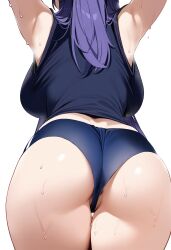 Rule 34 | 1girl, absurdres, anus, anus peek, arms up, ass, ass focus, ateoyh, backboob, black shirt, blue archive, blue buruma, breasts, buruma, facing away, from behind, head out of frame, highres, large breasts, long hair, purple hair, shirt, simple background, solo, sweat, thighs, white background, yuuka (blue archive), yuuka (track) (blue archive)