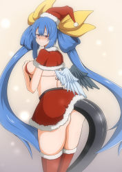 Rule 34 | 1girl, absurdres, angel wings, ass, asymmetrical wings, back, bikini, blue hair, blush, dizzy (guilty gear), fur trim, fuuma (bangolga1), guilty gear, hair ribbon, half-closed eyes, hand on own chest, hat, highres, looking at viewer, looking back, mature female, monster girl, red eyes, ribbon, santa costume, santa hat, smile, swimsuit, tail, thighhighs, thighs, twintails, wings, yellow ribbon