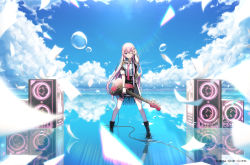 Rule 34 | 1girl, adjusting hair, bad id, bad pixiv id, black footwear, black jacket, black skirt, blue eyes, blue sky, blurry, blurry foreground, boots, bracelet, bubble, cable, cloud, commentary, day, electric guitar, flying paper, glowing, graphic equalizer, guitar, highres, holding, holding instrument, instrument, jacket, jewelry, kokonosexxx, lens flare, long hair, looking at viewer, megurine luka, necktie, one eye closed, paper, pink hair, red neckwear, reflection, shirt, short sleeves, skirt, sky, smile, speaker, standing, standing on liquid, sunlight, very long hair, vocaloid, water world, white shirt, wide shot