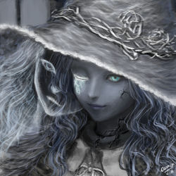 Rule 34 | 1girl, blue eyes, blue skin, cape, close-up, closed mouth, colored skin, cracked skin, elden ring, extra faces, fur cape, hat, hat ornament, large hat, looking at viewer, ogamiya jin, one eye closed, portrait, ranni the witch, smile, solo, upper body, witch, witch hat
