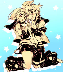 Rule 34 | 1boy, 1girl, bare shoulders, brother and sister, detached sleeves, headphones, james hotate, kagamine len, kagamine rin, short hair, shorts, siblings, twins, vocaloid