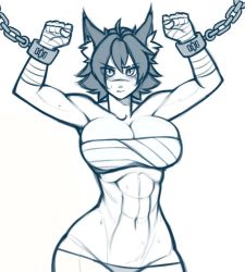 Rule 34 | 1girl, abs, ahoge, animal ears, bandages, bare shoulders, blush, bound, bound wrists, breasts, cleavage, clenched hands, closed mouth, collarbone, cowboy shot, cuffs, eyes visible through hair, greyscale, hair between eyes, large breasts, looking at viewer, midriff, monochrome, muscular, muscular female, navel, original, panties, roadi3, sarashi, scar, scar on face, scar on nose, shackles, short hair, simple background, slit pupils, solo, standing, sweat, underwear, white background