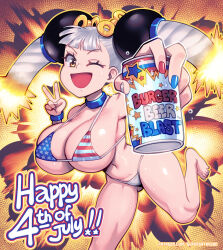 1girl absurdres american_flag american_flag_bikini american_flag_print barefoot beer_can bikini blue_choker blue_wristband blunt_bangs bomu_(supersatanson) breasts brown_eyes can choker commentary drink_can english_commentary english_text explosion flag_print fourth_of_july grey_hair hair_ornament highres holding holding_can huge_breasts long_hair looking_at_viewer micro_bikini multicolored_nails nail_polish navel one_eye_closed open_mouth original print_bikini reaching reaching_towards_viewer running solo spaghetti_strap sparkling_eyes strap_gap supersatanson sweat swimsuit toenail_polish toenails toes twintails underboob