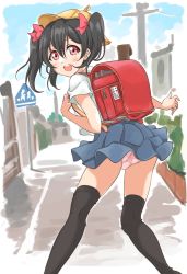 Rule 34 | 10s, 1girl, :d, backpack, bag, black hair, bow, hair bow, hat, love live!, love live! school idol project, open mouth, panties, pantyshot, randoseru, red eyes, school hat, smile, solo, tetopetesone, thighhighs, twintails, underwear, yazawa nico