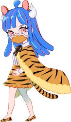 Rule 34 | 1girl, ahoge, alternate costume, animal ears, animal print, blue hair, cape, collared shirt, covered mouth, curled horns, dinosaur girl, horns, jewelry, long hair, mask, mouth mask, multicolored hair, necklace, one piece, orange cape, orange mask, orange skirt, pink eyes, pink hair, print cape, print footwear, print skirt, raine (acke2445), shirt, skirt, solo, streaked hair, tail, tiger ears, tiger girl, tiger print, tiger tail, transparent background, ulti (one piece), white shirt