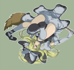 Rule 34 | 1girl, akishima kei, apron, ass, blonde hair, bloomers, broom, broom riding, elbow gloves, embellished costume, female focus, full body, gloves, green background, grey legwear, hat, kirisame marisa, kushizaki mayo, looking at viewer, simple background, solo, thighs, touhou, underwear, upside-down, waist apron, white bloomers, witch hat