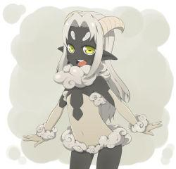 Rule 34 | 1girl, animal ears, black skin, colored skin, flat chest, grey hair, horns, long hair, monster girl, navel, original, outstretched arms, sheep ears, sheep girl, sheep horns, smile, solo, spread arms, teeth, tongue, toudori, wool, yellow eyes