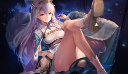 Rule 34 | 1girl, anastasia (fate), bare legs, blue eyes, brooch, cape, chinese commentary, closed mouth, commentary request, fate/grand order, fate (series), gem, grey hair, jewelry, crossed legs, long hair, looking at viewer, panties, pantyshot, rabbit (tukenitian), shoes, sitting, skirt, smile, solo, tiara, underwear, white footwear, white skirt