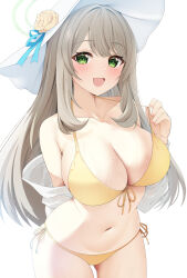 Rule 34 | 1girl, :d, absurdres, arm behind back, bikini, blue archive, blush, breasts, cleavage, collarbone, commentary request, flower, green eyes, halo, halterneck, hat, hat flower, highres, jacket, large breasts, leaning forward, light brown hair, looking at viewer, navel, nonomi (blue archive), nonomi (swimsuit) (blue archive), official alternate costume, open clothes, open jacket, open mouth, rei (ilust9999), revision, rose, side-tie bikini bottom, sideboob, simple background, smile, solo, stomach, string bikini, sun hat, swimsuit, white background, white hat, yellow bikini, yellow flower, yellow rose