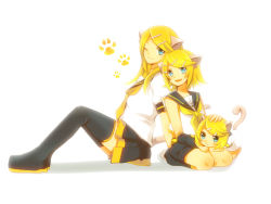 Rule 34 | 2girls, :3, animal ears, bad id, bad pixiv id, blonde hair, blue eyes, cat ears, cat tail, hair ornament, hairclip, kagamine rin, kemonomimi mode, multiple girls, multiple persona, aged up, one eye closed, short hair, sitting, skirt, smile, tail, thighhighs, time paradox, vocaloid, wink, yukishiro (1802-shin), zettai ryouiki