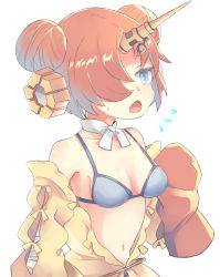 Rule 34 | 1girl, bare shoulders, bikini, blue bikini, blue eyes, breasts, brown hair, collarbone, double bun, fate/grand order, fate (series), flying sweatdrops, frankenstein&#039;s monster (fate), frankenstein&#039;s monster (swimsuit saber) (fate), frankenstein&#039;s monster (swimsuit saber) (first ascension) (fate), hair bun, hair ornament, hair over one eye, horns, jacket, kidhukaji, navel, off shoulder, open mouth, side bun, simple background, single horn, small breasts, solo, swimsuit, upper body, white background, yellow jacket