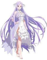 Rule 34 | 1girl, bare shoulders, breasts, choker, collarbone, dress, full body, hair ornament, hand on own hip, highres, long dress, long hair, looking at viewer, official art, petals, purple eyes, purple hair, quinella, simple background, sitting, smile, solo, sword art online, sword art online: alicization, transparent background, upper body, very long hair, white background, white choker