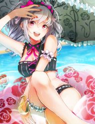 Rule 34 | 10s, 1girl, armband, bare shoulders, beach, bikini, black bikini, bow, breasts, cleavage, collarbone, cross-laced clothes, crossed legs, day, detached collar, drill hair, floral print, frilled armband, frills, gothic lolita, hair bow, hand on own head, hand on own thigh, hip focus, idolmaster, idolmaster cinderella girls, innertube, kanzaki ranko, legs, lolita fashion, long hair, looking at viewer, medium breasts, nail polish, neck ribbon, open mouth, outdoors, parasol, red eyes, red nails, retsuna, ribbon, rose print, silver hair, sitting, smile, solo, sunlight, swim ring, swimsuit, thigh strap, thighs, twin drills, twintails, umbrella, wet