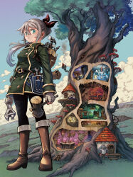 Rule 34 | 1girl, absurdres, backpack, bag, bandaged hand, bandages, bathroom, bed, bow, buttons, cloud, cloudy sky, cover, cover page, dragon, fantasy, full body, green eyes, green shirt, grey hair, hair bow, hammer, highres, holding, holding hammer, holding wrench, house, long hair, looking at viewer, manga cover, map, mimic, mimic chest, monster, mushroom, official art, outdoors, ponytail, red bow, serious, shirt, sky, slime (creature), smoke, soara to mamono no ie, standing, toilet, tools, treasure, tree, wall cross-section, wrench, yamaji hidenori