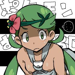Rule 34 | ..., 1girl, bare shoulders, blush, breasts, closed mouth, collarbone, copyright name, creatures (company), dark-skinned female, dark skin, female focus, flower, game freak, gomatarou (pixiv196136), green eyes, green hair, green hairband, grey overalls, hair flower, hair ornament, hairband, jaggy lines, japanese text, leaning forward, light blush, long hair, looking at viewer, lowres, mallow (pokemon), matching hair/eyes, nintendo, nipples, no shirt, overalls, pink flower, pokemon, pokemon sm, shaded face, small breasts, solo, speech bubble, split depth, spoken ellipsis, sweat, swept bangs, text background, translated, twintails, upper body, v-shaped eyebrows, white background, wide-eyed