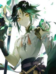 Rule 34 | 1boy, arm tattoo, armor, bead necklace, beads, black gloves, black hair, closed mouth, detached sleeves, eunz, facial mark, forehead mark, genshin impact, gloves, green gloves, green hair, highres, holding, holding mask, holding polearm, holding weapon, jewelry, looking at viewer, male focus, mask, multicolored hair, necklace, parted bangs, polearm, simple background, single detached sleeve, solo, spikes, tassel, tattoo, upper body, weapon, white background, xiao (genshin impact), yellow eyes
