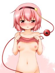 Rule 34 | 1girl, :o, bare arms, bare shoulders, blush, bottomless, breasts, camisole, clothes lift, hairband, heart, komeiji satori, lifting own clothes, navel, nipples, no bra, out-of-frame censoring, parted lips, pink eyes, pink hair, pink shirt, shirt, shirt lift, short hair, simple background, sleeveless, small breasts, solo, stomach, string, suwa yasai, sweat, sweatdrop, tareme, third eye, touhou, upper body, white background