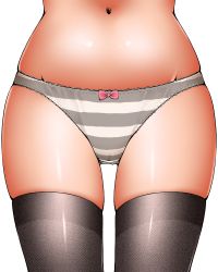 Rule 34 | 1girl, black thighhighs, bow, bow panties, cover, dr rex, gluteal fold, groin, navel, no pants, original, out of frame, panties, simple background, skindentation, solo, striped clothes, striped panties, thighhighs, underwear, underwear only, white background