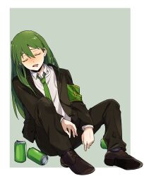 Rule 34 | 1boy, armband, black jacket, black pants, brown footwear, can, closed eyes, collared shirt, commentary request, dress shoes, drooling, eyebrow cut, green armband, green hair, green necktie, jacket, lobotomy corporation, long hair, long sleeves, male focus, medu (rubish), mouth drool, necktie, netzach (project moon), open collar, open mouth, pants, project moon, shirt, sitting, sleeping, solo, white shirt