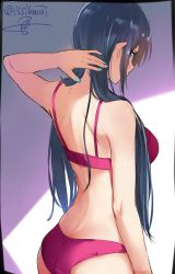 Rule 34 | 1girl, arm at side, arm up, ass, back, bare arms, bare shoulders, blue eyes, blue hair, blue nails, bra, breasts, character request, copyright request, from behind, hair over shoulder, isshiki (ffmania7), long hair, looking at viewer, looking back, medium breasts, midriff, nail polish, panties, pink bra, pink panties, shoulder blades, sidelocks, signature, solo, sunlight, thighs, tsurime, twitter username, underwear, underwear only, very long hair