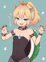 Rule 34 | 1girl, :d, aged down, bad id, bad pixiv id, bare shoulders, black dress, black nails, blonde hair, blue background, blush, bowsette, bracelet, breasts, claw pose, collar, commentary request, coraman, covered navel, crown, dress, earrings, fingernails, green eyes, hair between eyes, hands up, high ponytail, highres, horns, jewelry, mario (series), mini crown, nail polish, new super mario bros. u deluxe, nintendo, open mouth, pointy ears, ponytail, sharp teeth, simple background, small breasts, smile, solo, spiked bracelet, spiked collar, spiked shell, spikes, star (symbol), strapless, strapless dress, super crown, teeth, tongue, tongue out, turtle shell, v-shaped eyebrows