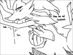 Rule 34 | 1girl, against wall, animal ear fluff, animal ears, animal nose, arms up, black border, blush, border, braixen, breath, creatures (company), disembodied hand, english text, fang, female focus, flat chest, flat chest grab, fox ears, fox girl, fox tail, from side, furry, furry female, game freak, gen 6 pokemon, grabbing, greyscale, half-closed eyes, heavy breathing, leaning forward, looking back, monochrome, nintendo, open mouth, pokemon, pokemon (creature), profile, rubbing, simple background, sketch, snout, solo focus, standing, stick, stoic5, tail, talking, trembling, white background
