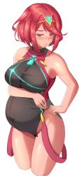 Rule 34 | 1girl, armpits, bar censor, big belly, black one-piece swimsuit, blush, censored, closed mouth, competition swimsuit, embarrassed, female focus, female pubic hair, looking at viewer, matching hair/eyes, nowheresoul, one-piece swimsuit, pregnant, pubic hair, pyra (pro swimmer) (xenoblade), pyra (xenoblade), red eyes, red hair, red one-piece swimsuit, red pubic hair, simple background, sleeveless, solo, swept bangs, swimsuit, two-tone swimsuit, white background, xenoblade chronicles (series), xenoblade chronicles 2