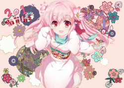 Rule 34 | 10s, 1girl, 2013, :d, fang, flower, flower on head, hair flower, hair ornament, japanese clothes, kimono, kyona (konakona), long hair, looking at viewer, open mouth, original, pink eyes, pink hair, smile, solo, temari ball