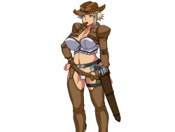 Rule 34 | 1girl, blonde hair, breasts, cigar, cowboy hat, gun, hand on own hip, hat, hiraizumi kou, large breasts, simple background, weapon