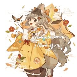 Rule 34 | 1girl, :d, animal ear fluff, animal ears, bird, blush, bow, branch, brown hair, chinese zodiac, coat, coin, coin purse, commission, cowboy shot, fang, floral print, flower, food, frilled sleeves, frills, from side, fruit, fur trim, geta, grey eyes, hair bow, hair flower, hair ornament, hairclip, hanasaki 00, highres, holding, holding food, japanese clothes, kimono, layered sleeves, leaf, long hair, long sleeves, looking at viewer, mandarin orange, open mouth, original, red bow, red flower, short eyebrows, signature, skin fang, smile, socks, solo, squirrel (huasha), tabi, tail, thick eyebrows, white background, white socks, wide sleeves, yellow coat, yellow kimono
