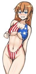 Rule 34 | 1girl, american flag swimsuit, arm behind back, blue eyes, blush, breasts, brown hair, charlotte e. yeager, cleavage, grin, groin, hachimitsu-b, large breasts, long hair, navel, nose blush, one-piece swimsuit, smile, solo, strike witches, thigh gap, thighs, underboob, white background, world witches series
