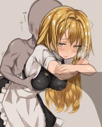 Rule 34 | 1boy, 1girl, apron, blonde hair, blush, grabbing another&#039;s breast, breasts, clothed female nude male, commentary request, crossed arms, drooling, faceless, faceless male, frilled apron, frills, grabbing, grabbing from behind, grey background, heavy breathing, hetero, kirisame marisa, leaning forward, long hair, medium breasts, motion lines, nude, open mouth, saliva, short sleeves, simple background, touhou, trembling, waist apron, white apron, yellow eyes, zuttokodomo