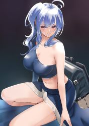 Rule 34 | 1girl, ahoge, azur lane, bad id, bad pixiv id, bag, black background, blue hair, blue shirt, blue skirt, breasts, cleavage, commentary request, crop top, dark background, eyes visible through hair, highres, kneeling, large breasts, long hair, looking at viewer, manjirou (manji illust), midriff, navel, off shoulder, on one knee, partial commentary, purple eyes, shirt, side ponytail, sidelocks, simple background, single-shoulder shirt, single bare shoulder, single sleeve, skirt, smile, solo, st. louis (azur lane), thighs