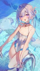Rule 34 | 1girl, alternate costume, amane kanata, angel wings, asymmetrical hair, axolotl, blue choker, blue hair, blush, breasts, choker, cleavage, collarbone, commentary, covered navel, fang, feet out of frame, frilled one-piece swimsuit, frills, from above, grey hair, hair between eyes, hair bun, halterneck, highres, hololive, long hair, looking at viewer, low wings, multicolored hair, one-piece swimsuit, open mouth, pink hair, pool, poolside, purple eyes, ripples, see-through silhouette, shuri (84k), single hair intake, single side bun, skin fang, small breasts, smile, solo, standing, star (symbol), star choker, streaked hair, swimsuit, twitter username, virtual youtuber, wading, wet, white one-piece swimsuit, wings