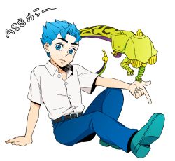 Rule 34 | 1boy, belt, blue eyes, blue hair, collared shirt, echoes (stand), echoes act1, full body, hirose koichi, jojo no kimyou na bouken, jojo no kimyou na bouken: all star battle, male focus, mikey uo, revision, shirt, sitting, smile, stand (jojo)