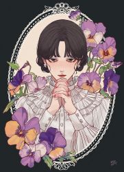 Rule 34 | 1girl, absurdres, black eyes, black hair, border, buttons, closed mouth, commentary, earrings, english commentary, film grain, fingernails, flower, framed, frilled shirt, frills, hands up, highres, interlocked fingers, jewelry, kagoya1219, long sleeves, looking at viewer, original, own hands clasped, own hands together, pansy, parted bangs, purple flower, purple pansy, shirt, short hair, signature, solo, tears, upper body, white shirt