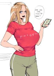 Rule 34 | 1girl, absurdres, bangs pinned back, blonde hair, blue eyes, breasts, cellphone, commentary, cowboy shot, english commentary, english text, folded hair, glasses, green pants, group name, hair pulled back, hand on own hip, highres, holding, holding phone, inne sulistya robin, large breasts, long hair, looking at viewer, looking to the side, norman maggot, open mouth, original, pants, phone, polyphia (band), red shirt, shirt, short sleeves, sidelocks, simple background, smartphone, solo, speech bubble, standing, t-shirt, white background
