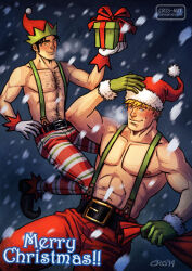 Rule 34 | 2boys, adjusting clothes, adjusting headwear, bara, belt, black hair, blonde hair, blush, box, chest hair, christmas, couple, cris art, full body, gift, gift box, gloves, green gloves, hairy, hat, holding, holding gift, hulkling, jester, jester cap, large belt, long sideburns, looking at another, male focus, marvel, merry christmas, multiple boys, muscular, muscular male, navel hair, pants, pectorals, red pants, santa costume, santa hat, short hair, sideburns, smile, snowing, suspenders, thick eyebrows, toned, toned male, topless male, wiccan, yaoi