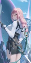 1girl absurdres black_gloves black_skirt breasts cowboy_shot earrings from_behind from_side glasses gloves hair_between_eyes high-waist_skirt highres holding holding_polearm holding_weapon hollow_(zenless_zone_zero) jewelry large_breasts light_blush long_hair looking_to_the_side mrotan naginata outdoors parted_lips pencil_skirt pink_eyes pink_hair polearm shirt sideboob sidelocks skirt solo standing tsukishiro_yanagi weapon white_shirt zenless_zone_zero