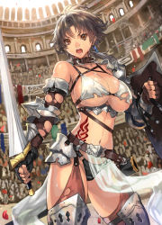 Rule 34 | &gt;:o, 1girl, :o, antenna hair, armor, belt, bikini, bikini armor, black hair, blurry, breasts, brown eyes, buckle, cleavage, collar, colosseum, depth of field, earrings, elbow gloves, fantasy, faulds, fighting stance, fingerless gloves, garter straps, gauntlets, gladiator, gloves, greaves, groin, holding, huge breasts, jewelry, loincloth, looking at viewer, low ponytail, micro bikini, navel, o-ring, o-ring bottom, open mouth, original, outdoors, pauldrons, pelvic curtain, petals, ponytail, ran&#039;ou (tamago no kimi), see-through, sheath, shield, shoulder armor, shouting, sideboob, single earring, solo focus, stadium, standing, sweat, swimsuit, sword, tattoo, thighhighs, torn bikini, torn clothes, torn gloves, underboob, unsheathed, v-shaped eyebrows, weapon