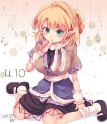 Rule 34 | 1girl, arm warmers, black footwear, black skirt, breasts, commentary, dated, full body, gradient background, green eyes, half updo, highres, kemo chiharu, large breasts, looking at viewer, mizuhashi parsee, multicolored clothes, parsee day, pink background, pointy ears, scarf, signature, skirt, socks, solo, teeth, touhou, white scarf, white socks
