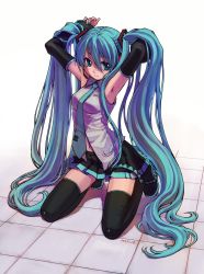 Rule 34 | 1girl, armpits, biremoko, blue eyes, blue hair, blue nails, colorized, detached sleeves, ginta, hatsune miku, highres, kneeling, long hair, matching hair/eyes, nail polish, necktie, perspective, skirt, smile, solo, thighhighs, twintails, very long hair, vocaloid, zettai ryouiki