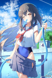 Rule 34 | 1girl, artist name, blue sailor collar, blue skirt, blue sky, blue one-piece swimsuit, brown hair, chain-link fence, cloud, collarbone, competition swimsuit, contrail, covered navel, crossed legs, day, empty pool, fence, floating hair, food, food in mouth, highleg, highleg swimsuit, highres, holding, holding hose, hose, ice cream, long hair, looking at viewer, neckerchief, one-piece swimsuit, one eye closed, orange eyes, original, outdoors, pool, red neckerchief, sailor collar, school uniform, serafuku, shi6kurutto, shirt, short sleeves, sidelocks, signature, skin tight, skirt, unworn skirt, sky, smile, solo, splashing, standing, swimsuit, swimsuit under clothes, water, water drop, white shirt, wood