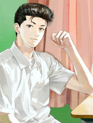 Rule 34 | 1boy, 6 3 0, black hair, brown eyes, collared shirt, desk, light smile, looking at viewer, male focus, mito youhei, pink curtains, pompadour, shirt, short hair, slam dunk (series), solo, upper body, white shirt