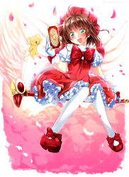 Rule 34 | 1990s (style), 1girl, :d, blush, bow, brown hair, card, cardcaptor sakura, clow card, feathers, fuuin no tsue, gloves, green eyes, haruka natsuki, hat, highres, kero (cardcaptor sakura), kinomoto sakura, magical girl, open mouth, pantyhose, petals, pink hat, retro artstyle, short hair, skirt, smile, solo, wand, white gloves, white pantyhose, wings