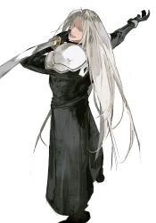 Rule 34 | 1boy, arm up, armor, black coat, black footwear, black gloves, boots, coat, commentary, evil smile, final fantasy, final fantasy vii, gloves, grey hair, highres, holding, holding sword, holding weapon, katana, long coat, long hair, long sleeves, looking back, male focus, open mouth, outstretched arm, parted bangs, pauldrons, pointing weapon, sephiroth, shoulder armor, simple background, smile, solo, sword, weapon, white background, white eyes, xscr1205